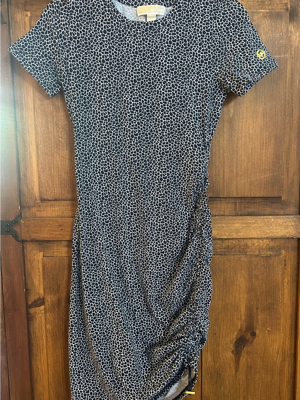 MICHAEL Michael Kors Dark Navy & White Short Sleeve Ruched Midi Dress